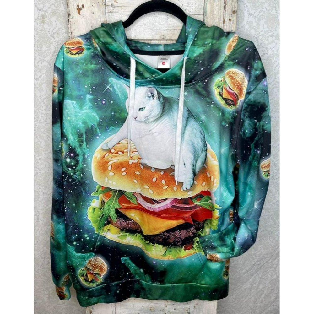 Hooded Sweatshirt Cat on Hamburger!😆Funny Unisex Hoodie Hamburger Kitty 😹